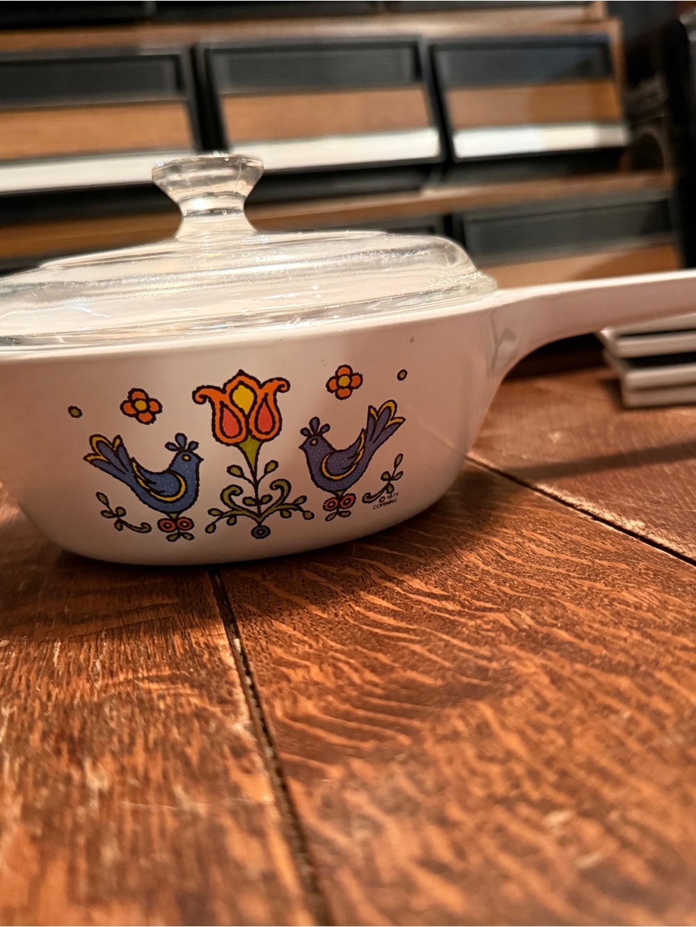 Corningware White Ceramic Saucepan with Blue Bird and Yellow Tulip Motif